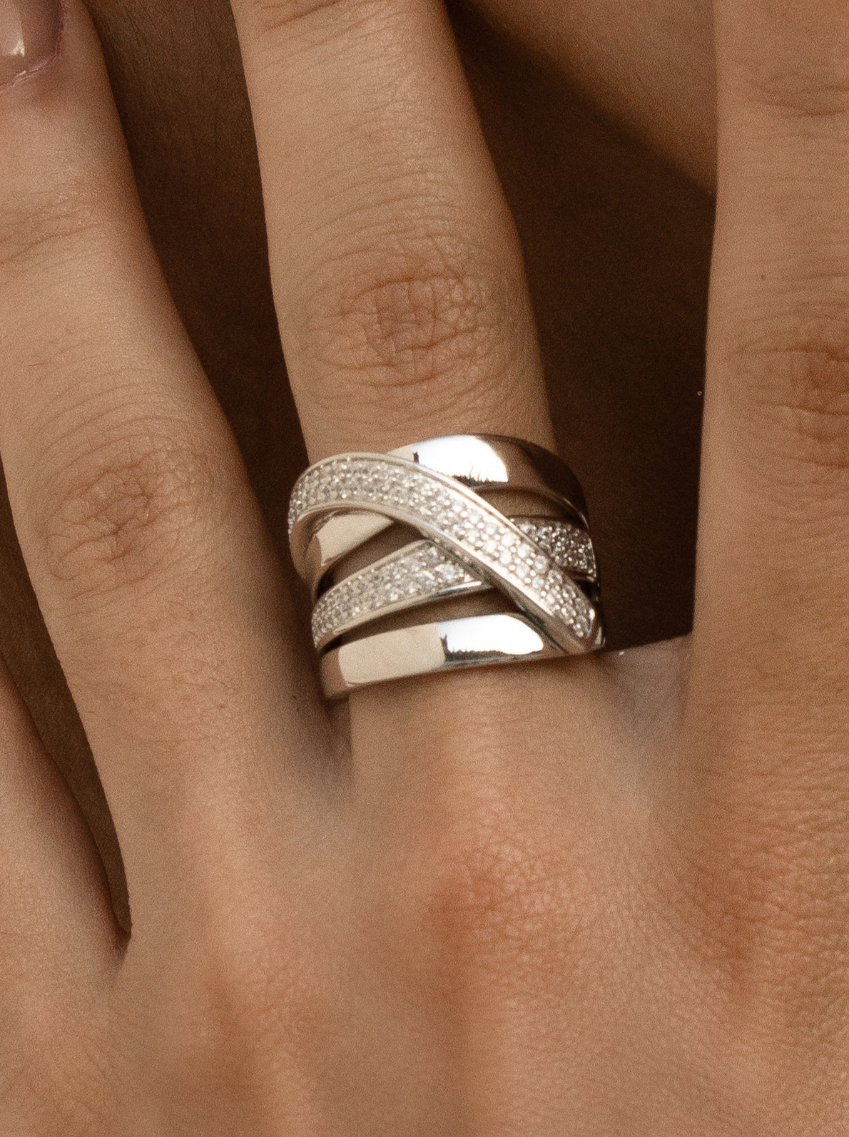 Rings Large silver design crossed and zirconias