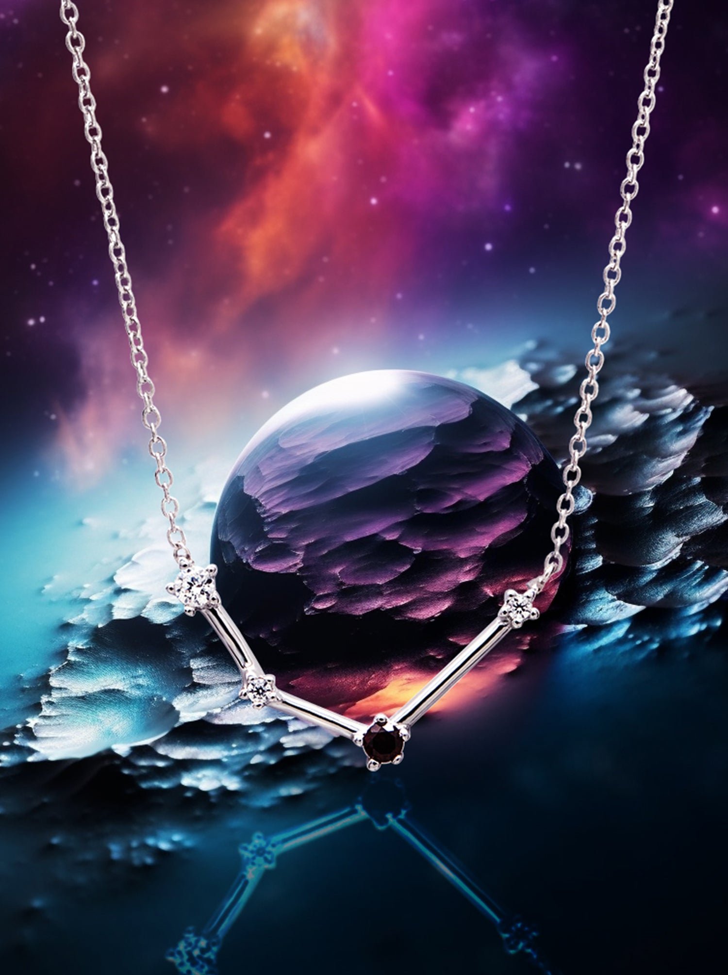 Aquarius Constellation pendant in silver with natural garnet.