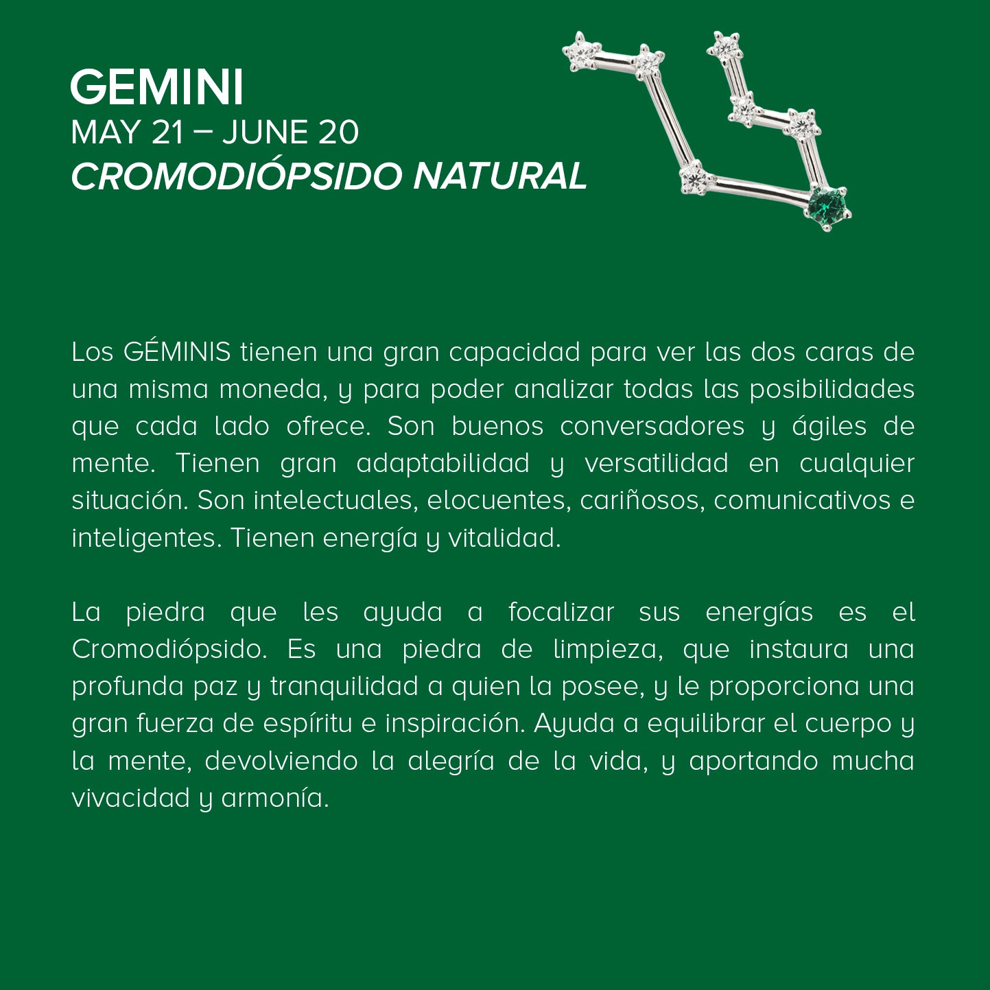 GEMINI Constellation pendant in silver with natural Chromodiopside