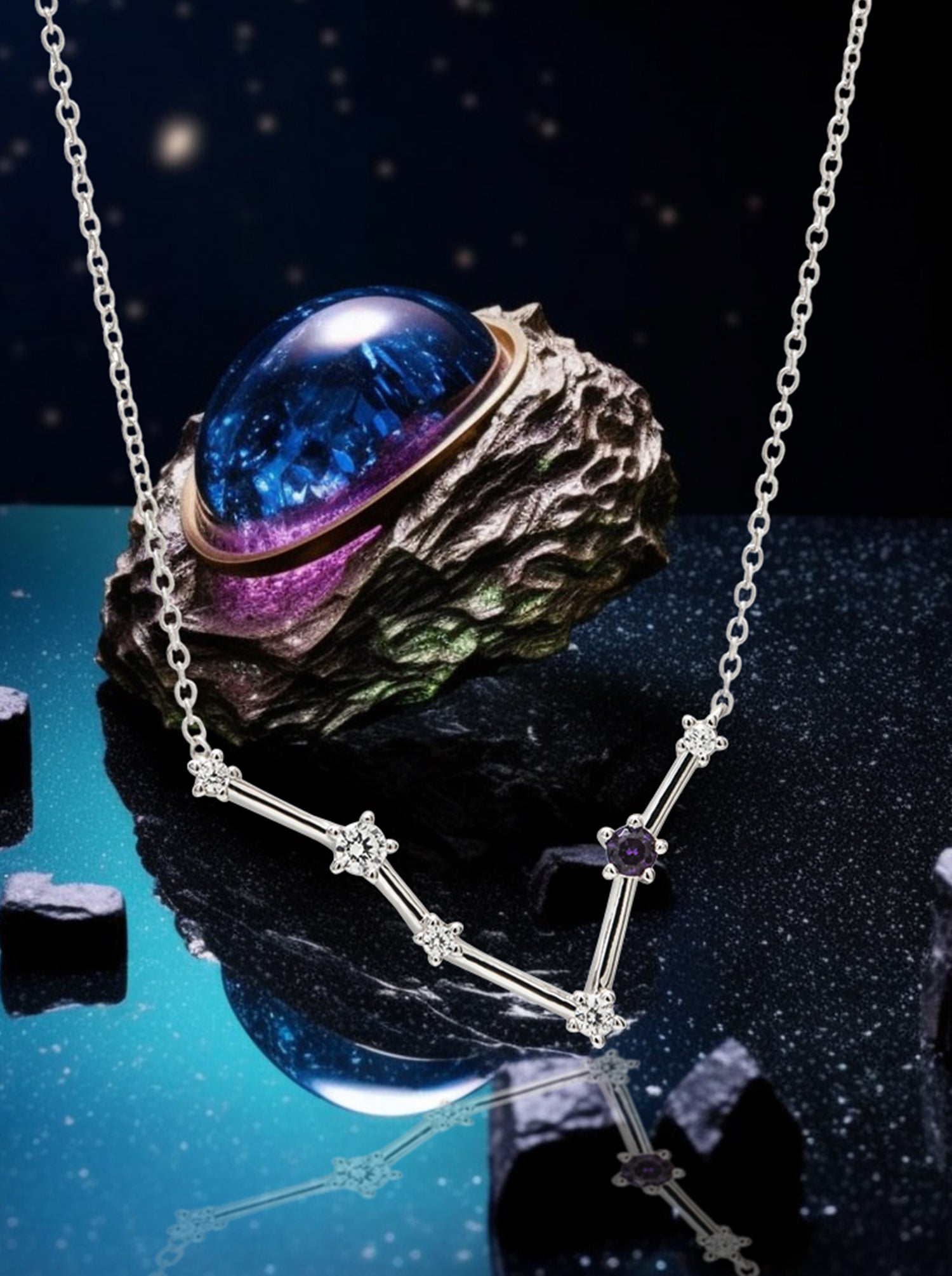Silver Pisces Constellation Pendant with Natural Amethyst