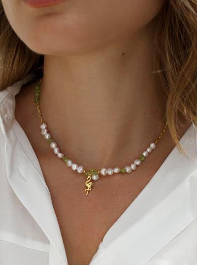 Colgante perlas con piedras y charm de flamenco-LINEARGENT