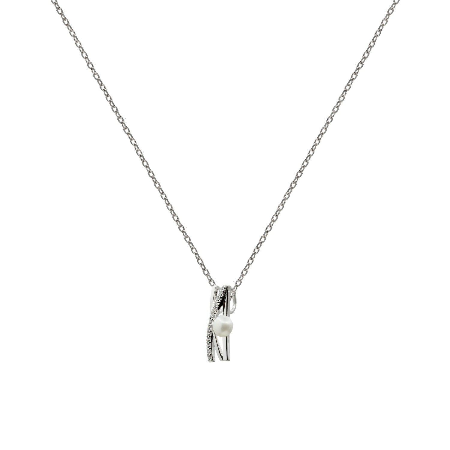 Collar de plata cruzado con circonita y perla