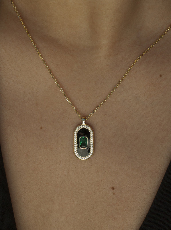 Collar medalla pieza central de diseño ovalado con circonitas-LINEARGENT