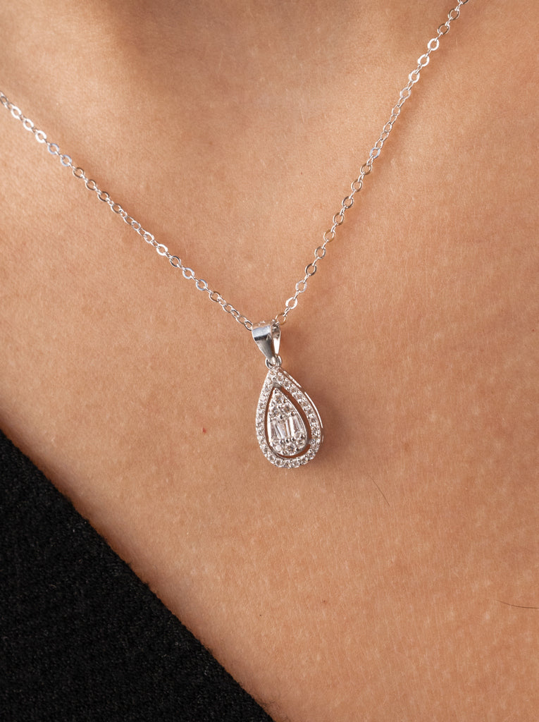Collar pequeño de plata doble con circonita en forma gota-LINEARGENT