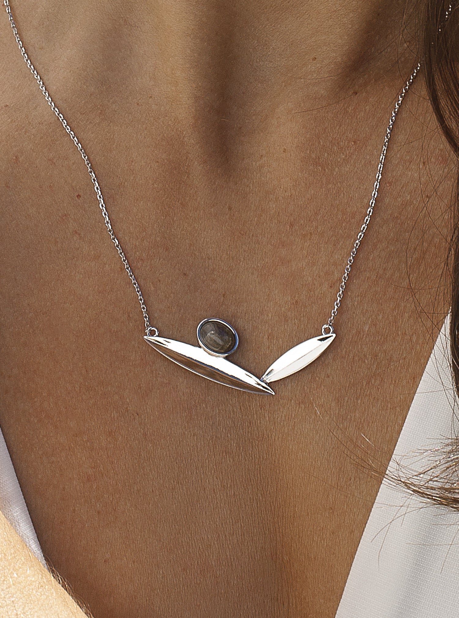 Collares con piedras labradorita en diseño de hojas-LINEARGENT