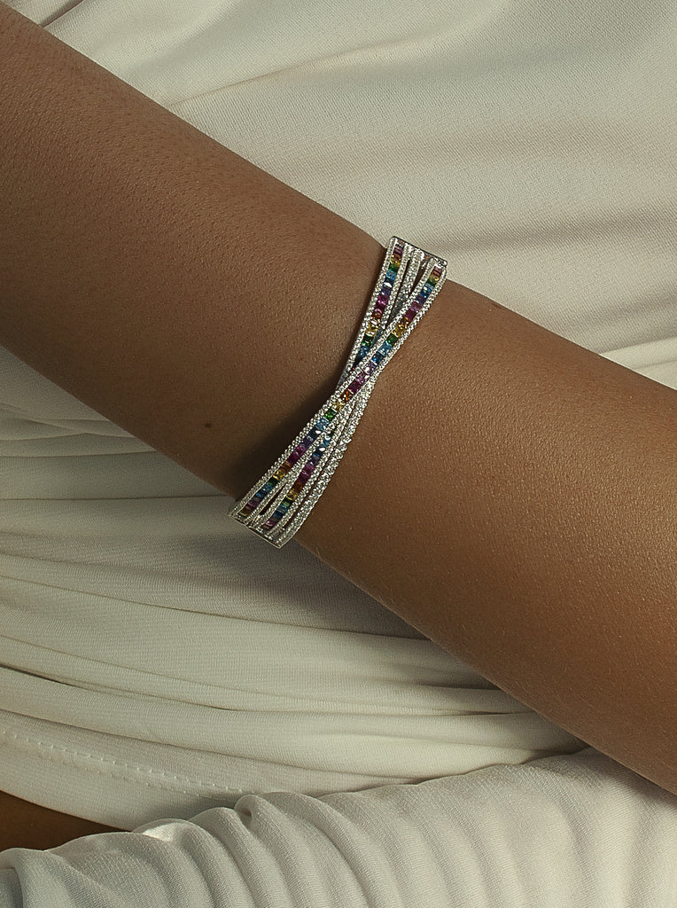 Esclava de plata diseño raíles cruzados multicolor-LINEARGENT