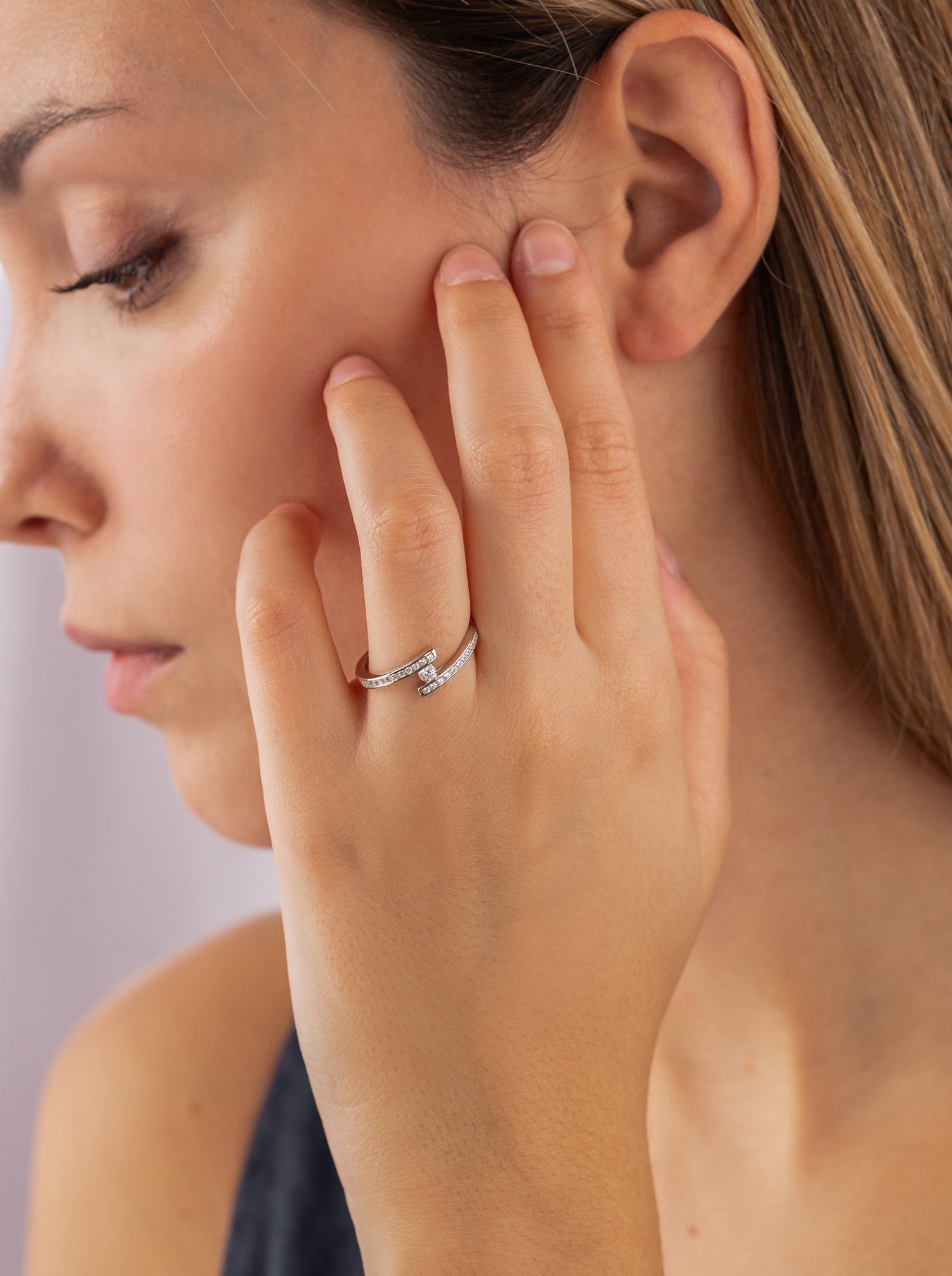 Thin semi-open silver ring with cubic zirconia