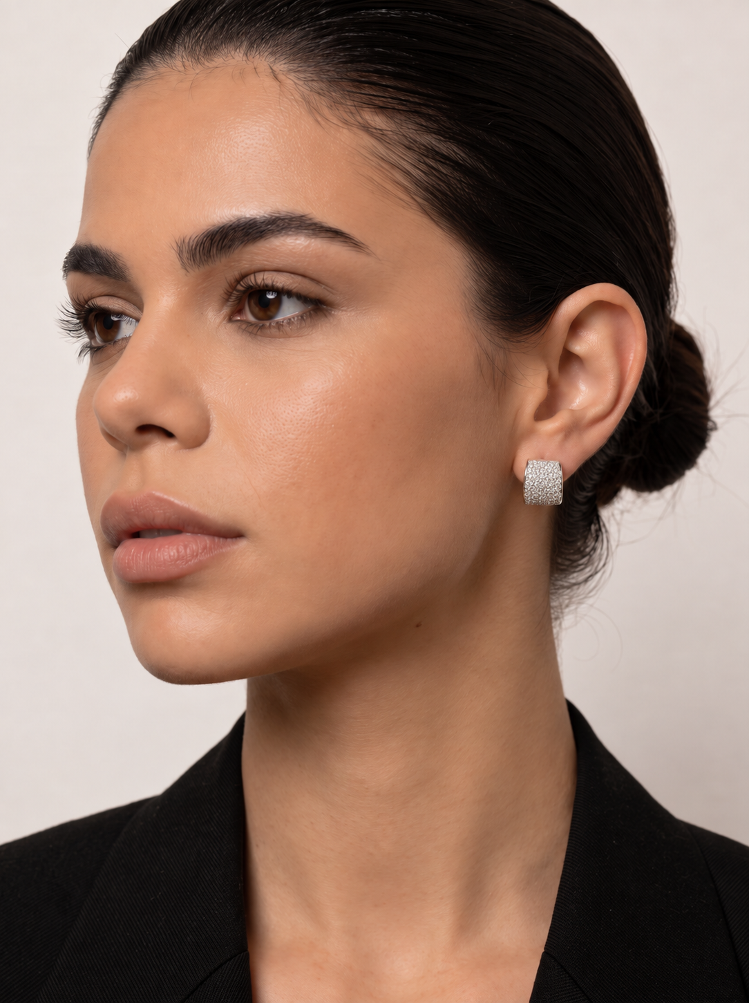 Silver hoop earrings with wide design cubic zirconia