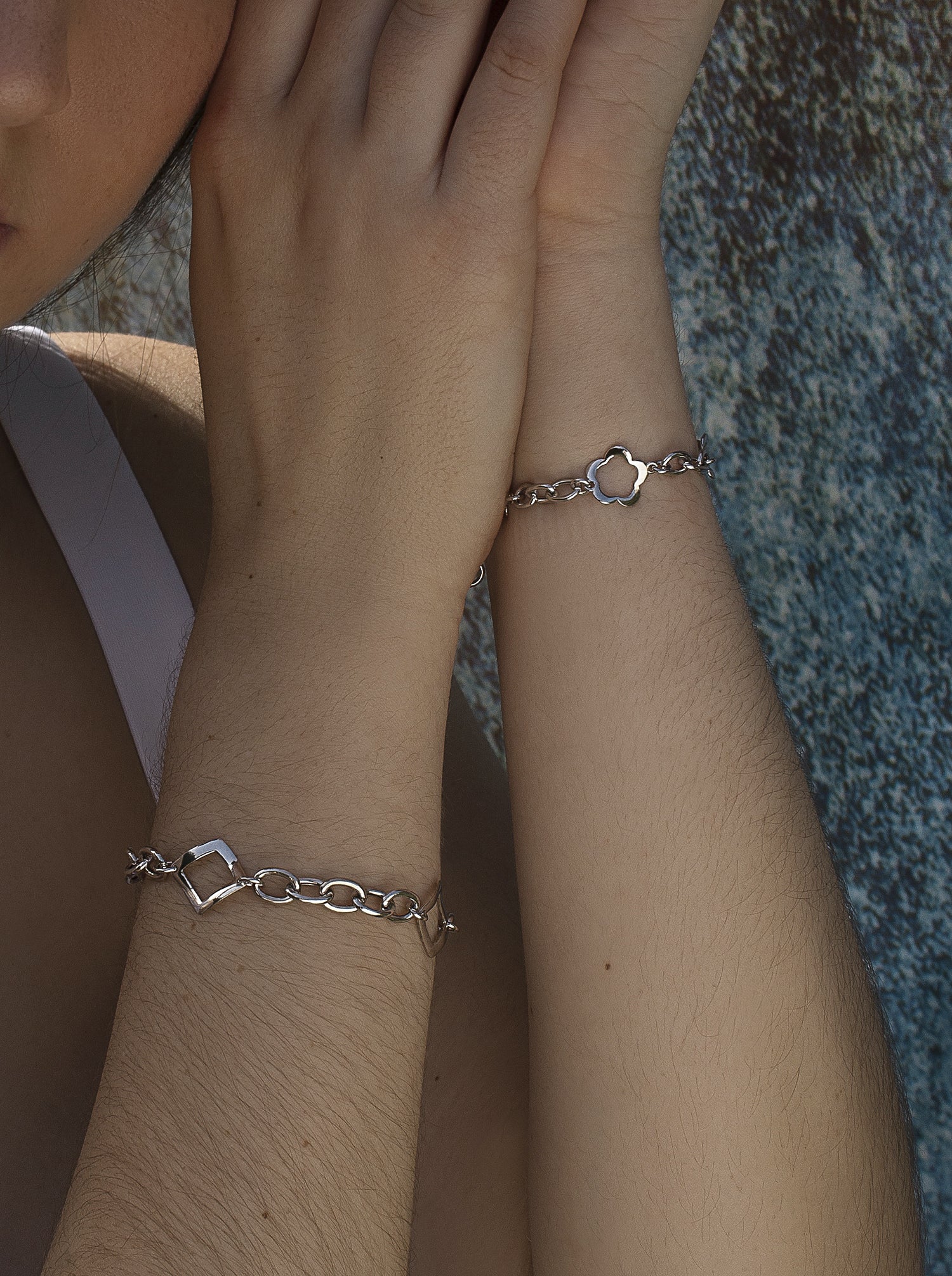 Silver link bracelets with triple square motif design