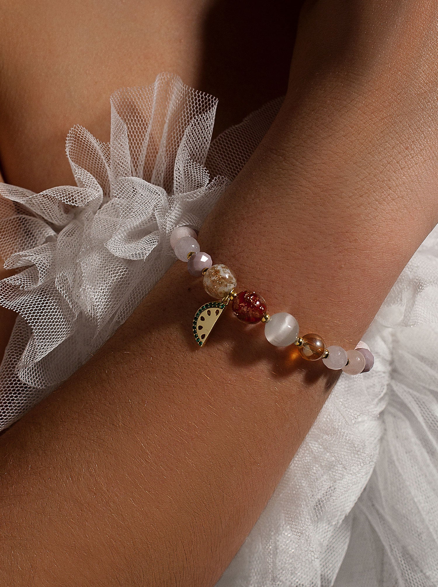 Bracelets with silver beads, rose quartz and watermelon charm