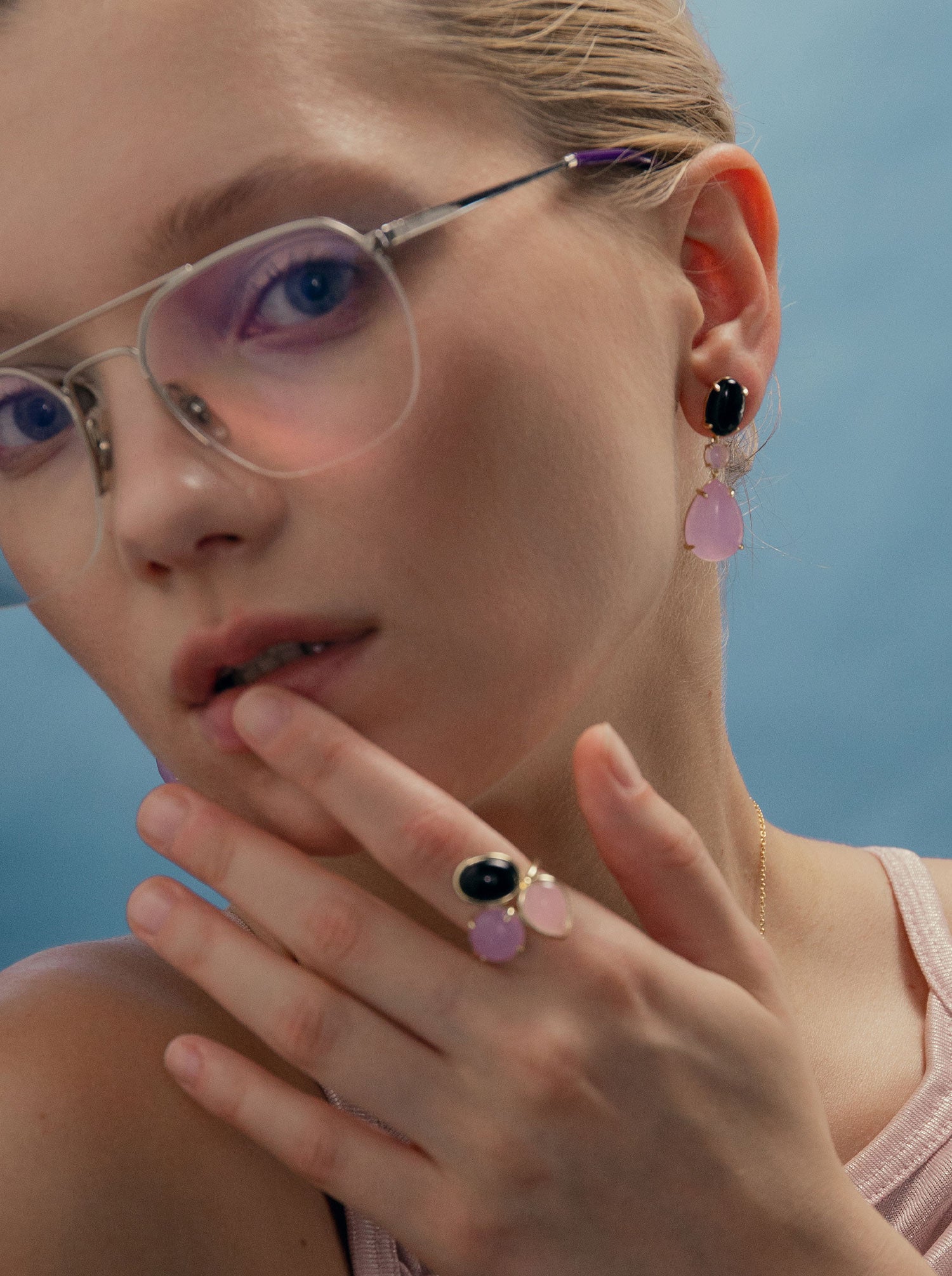 Long natural stone earrings in shades of purple