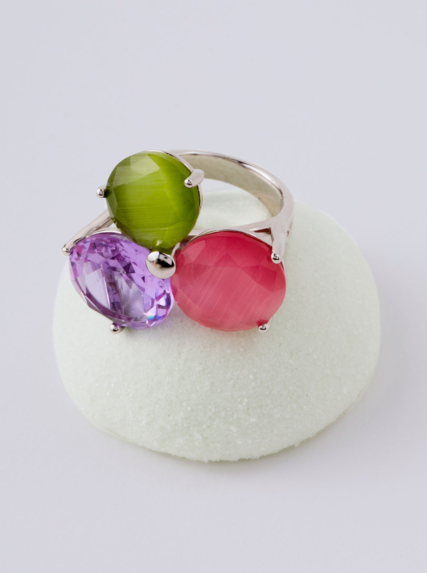 Silver ring with three multicolored stones