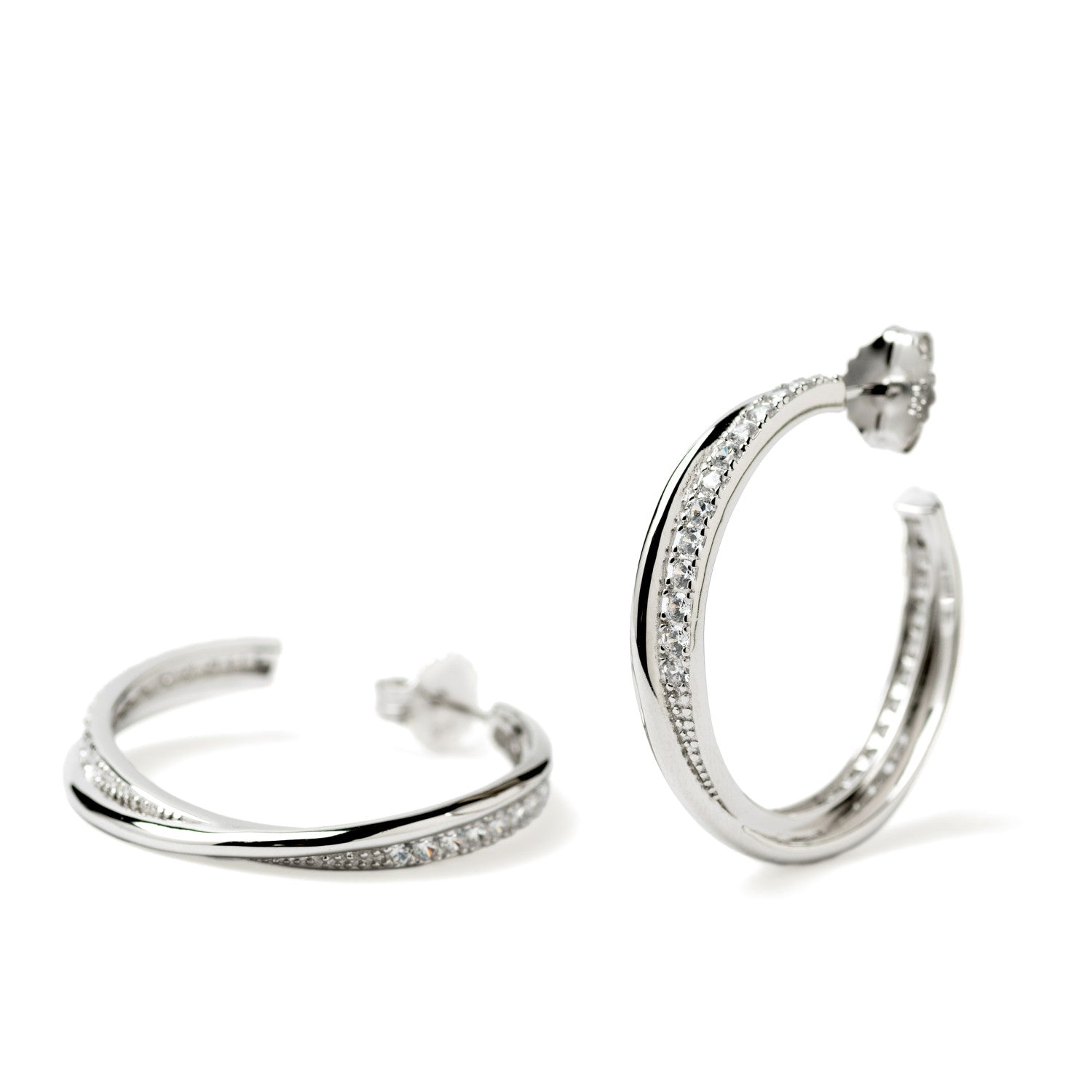 Pendiente de aro doble cruzado con circonitas-LINEARGENT