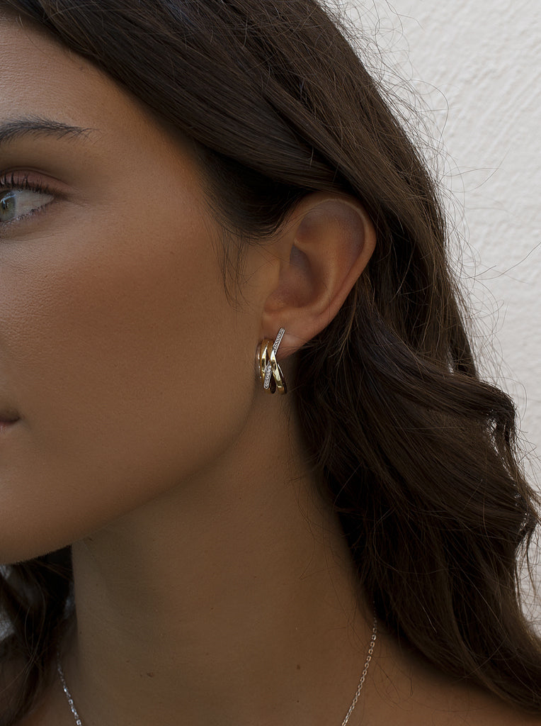 Pendientes aro bicolor de plata con circonita diseño original