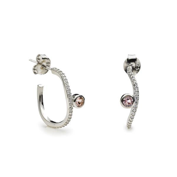 Pendientes aro de plata con circonitas y piedra rosada-LINEARGENT