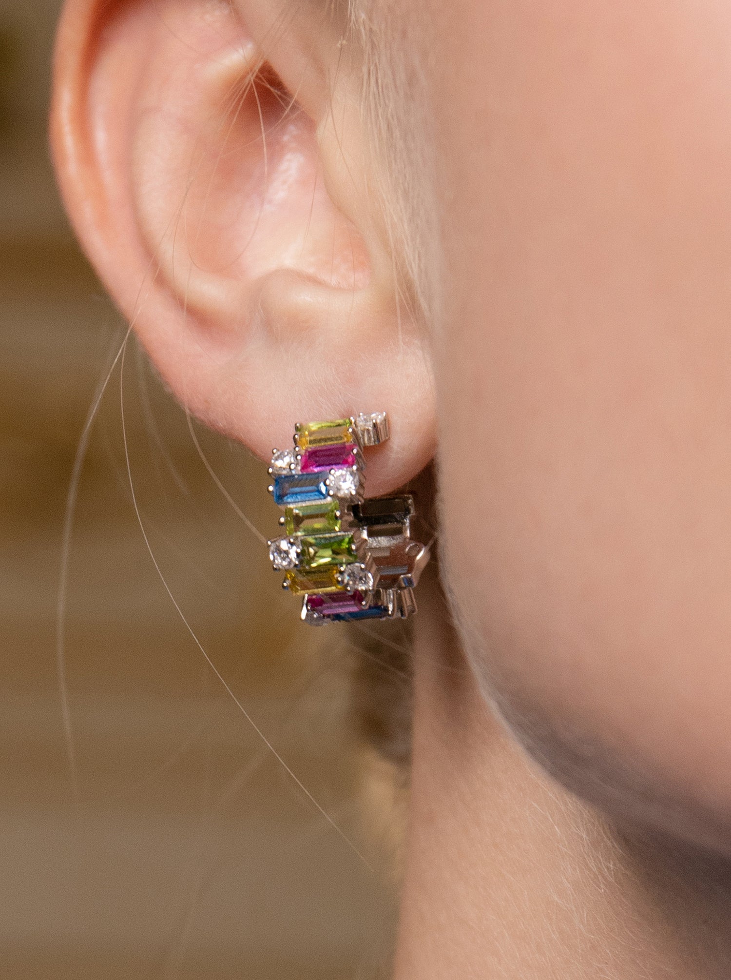 Pendientes aro de plata con gemas multicolores-LINEARGENT