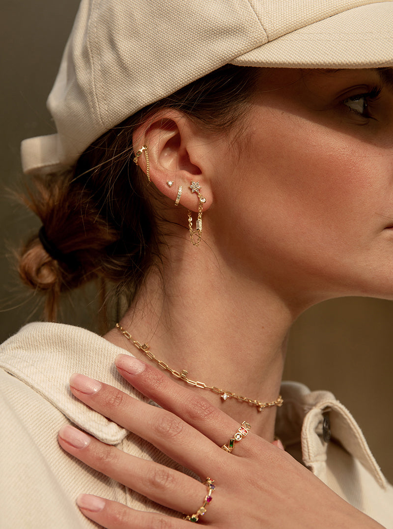 Pendientes aro de plata tamaño pequeño con engaste lateral de circonita-LINEARGENT