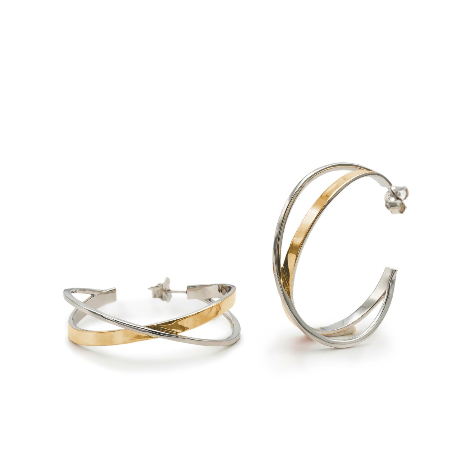 Pendientes aro diseño bicolor con doble raíl entrecruzados-LINEARGENT