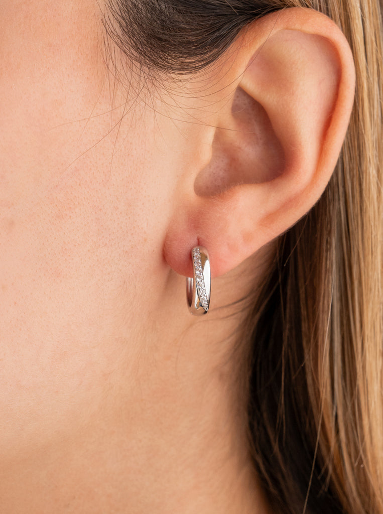 Pendientes aro pequeños con linea diagonal de circonita-LINEARGENT