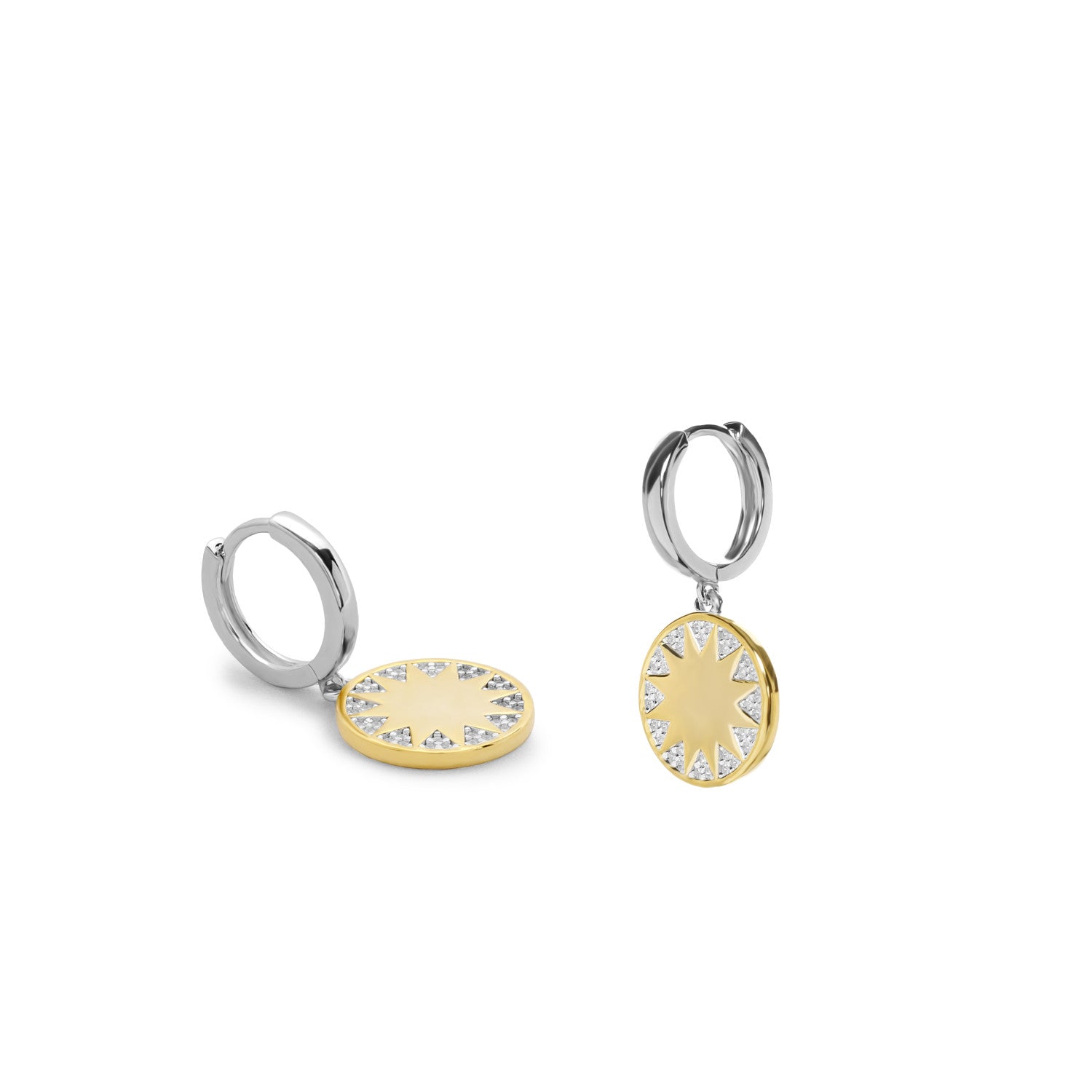 Pendientes bicolor aro con colgante diseño solar con circonita-LINEARGENT