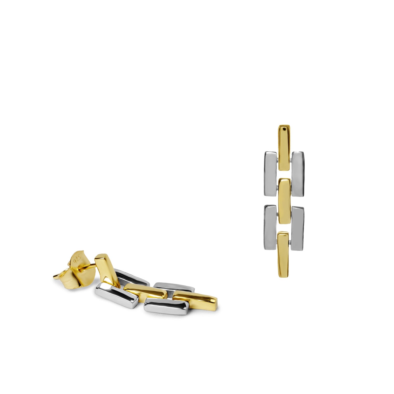 Pendientes bicolor de plata con circonitas y diseño tipo hebilla-LINEARGENT