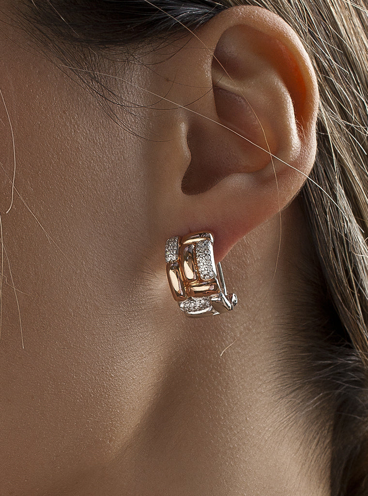 Pendientes bicolor de plata estilo tejido con circonitas-LINEARGENT