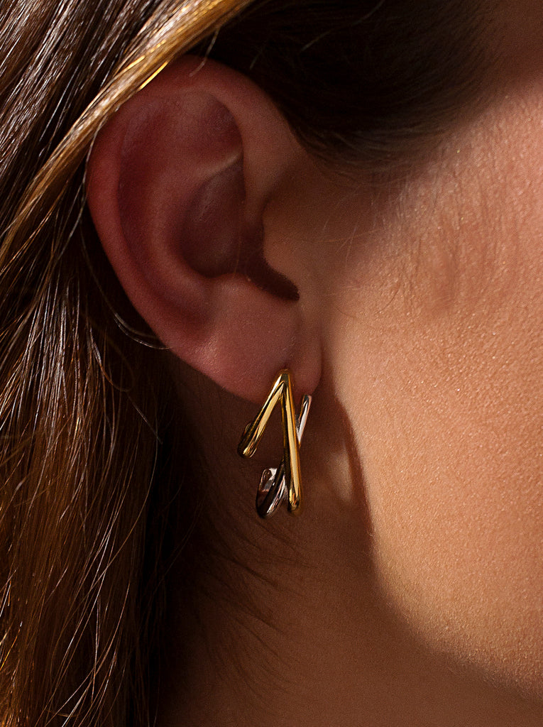 Pendientes bicolor de plata originales triple banda-LINEARGENT