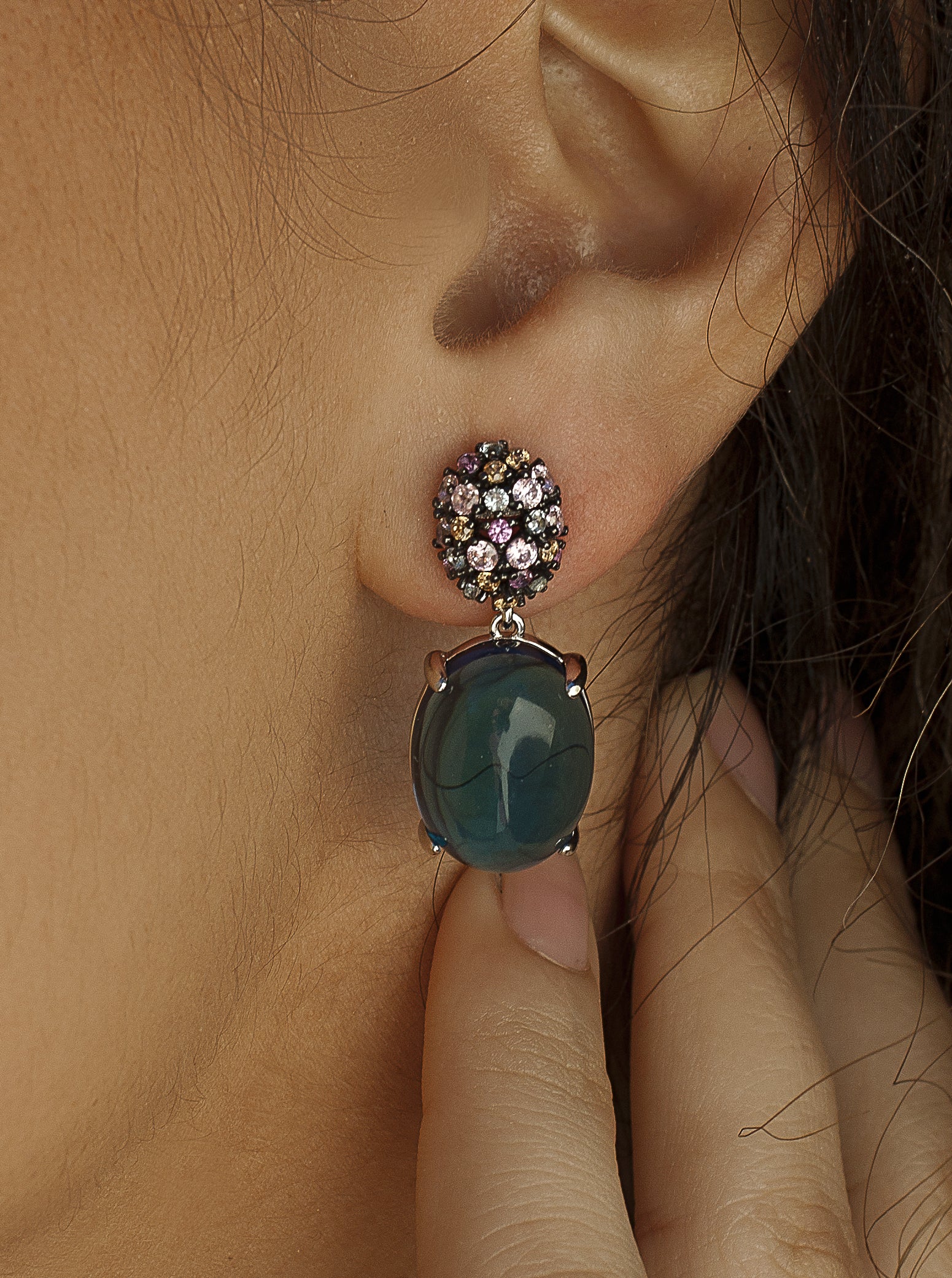 Pendientes con colgantes estilo cabouchón y circonitas-LINEARGENT