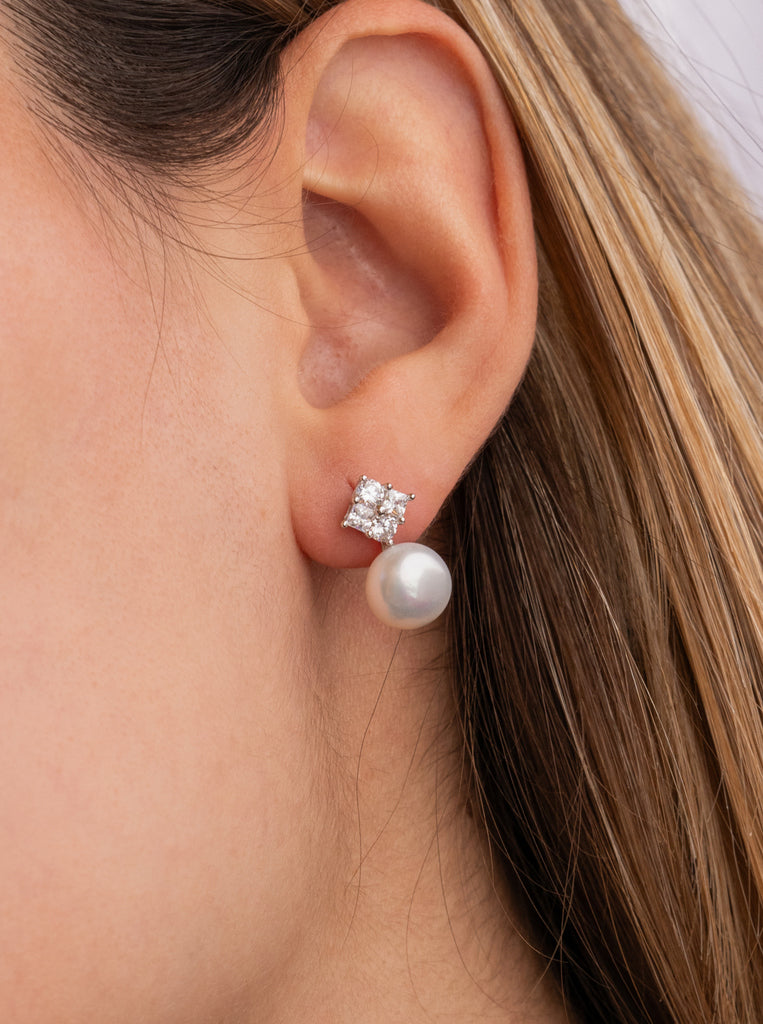 Pendientes con perla estilo tu y yo y circonitas-LINEARGENT