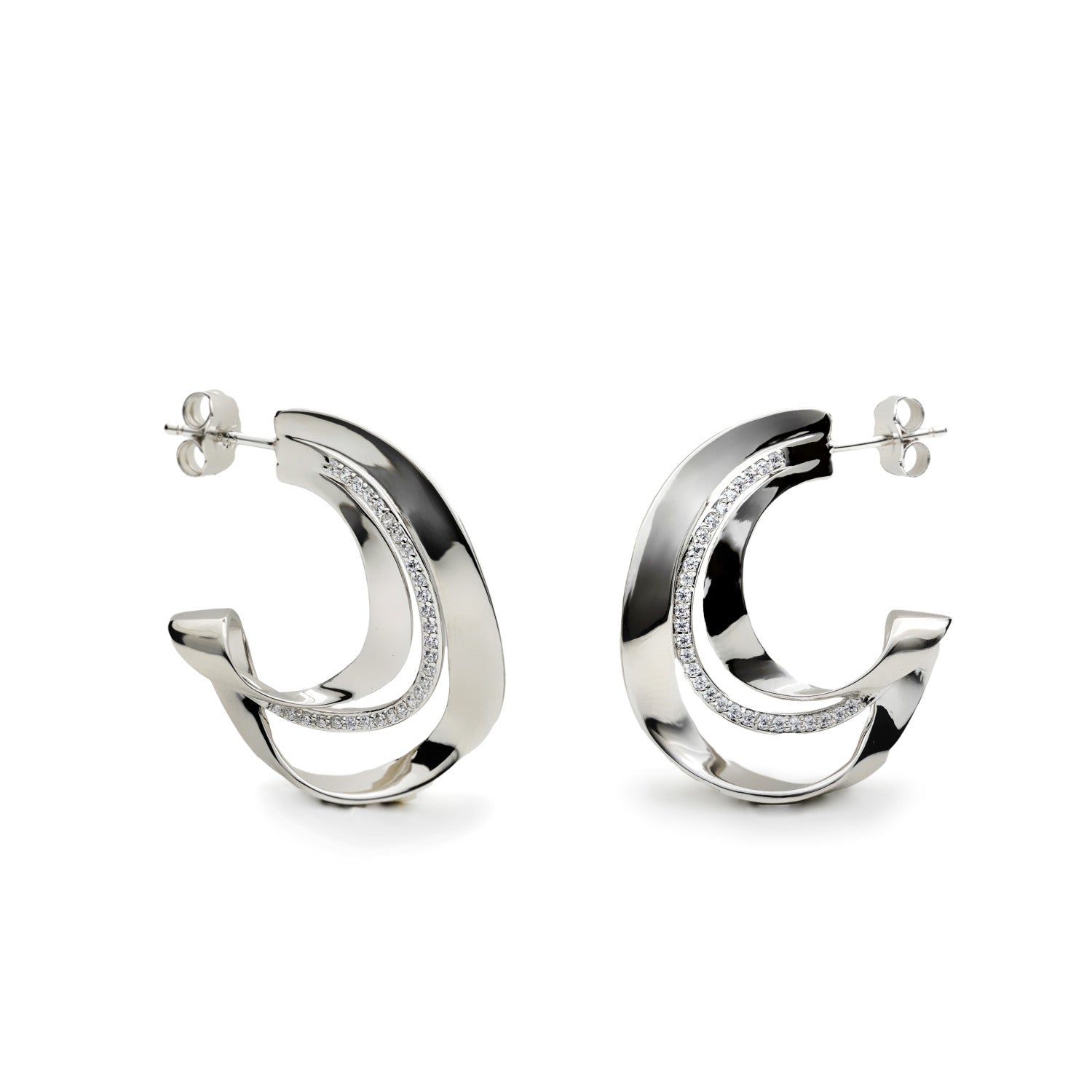 Pendientes de aro de plata diseño triple irregular con circonitas-LINEARGENT