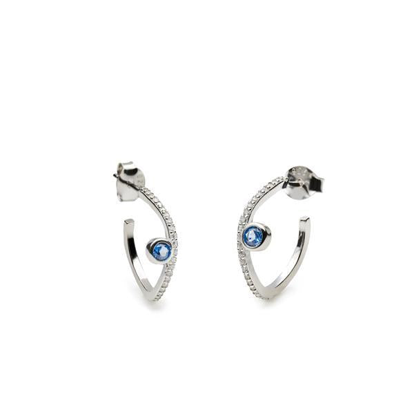 Pendientes de aro elegantes en plata con circonitas y piedra azul-LINEARGENT