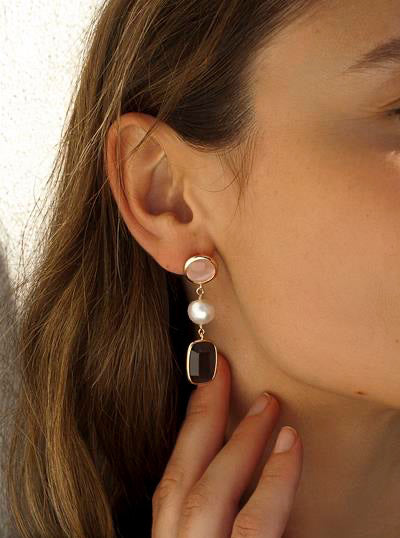 Pendientes de piedra natural en tonos tierra y detalle de perla-LINEARGENT