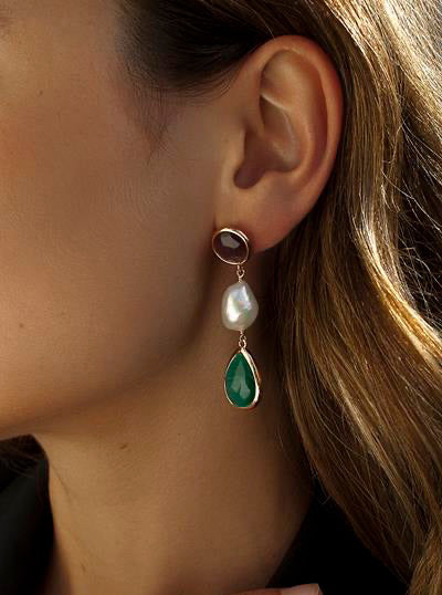 Pendientes de piedra natural multi forma y detalle de perla-LINEARGENT