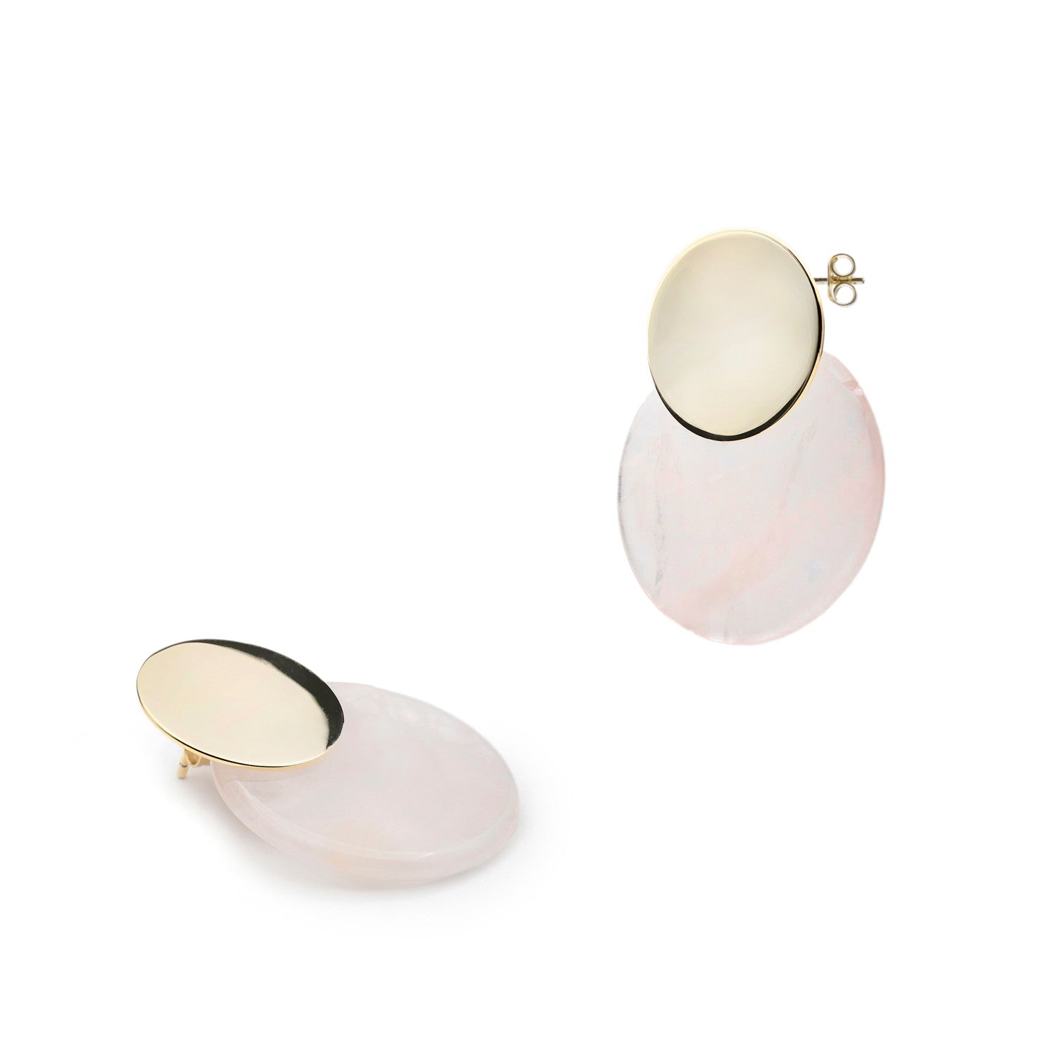 Pendientes de plata bañada en oro y quarzo rosa circular-LINEARGENT