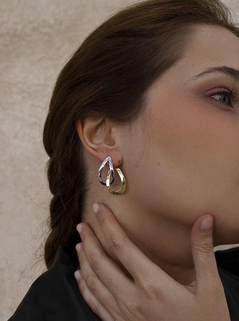 Pendientes de plata de doble aro entrelazado en dos tonos-LINEARGENT