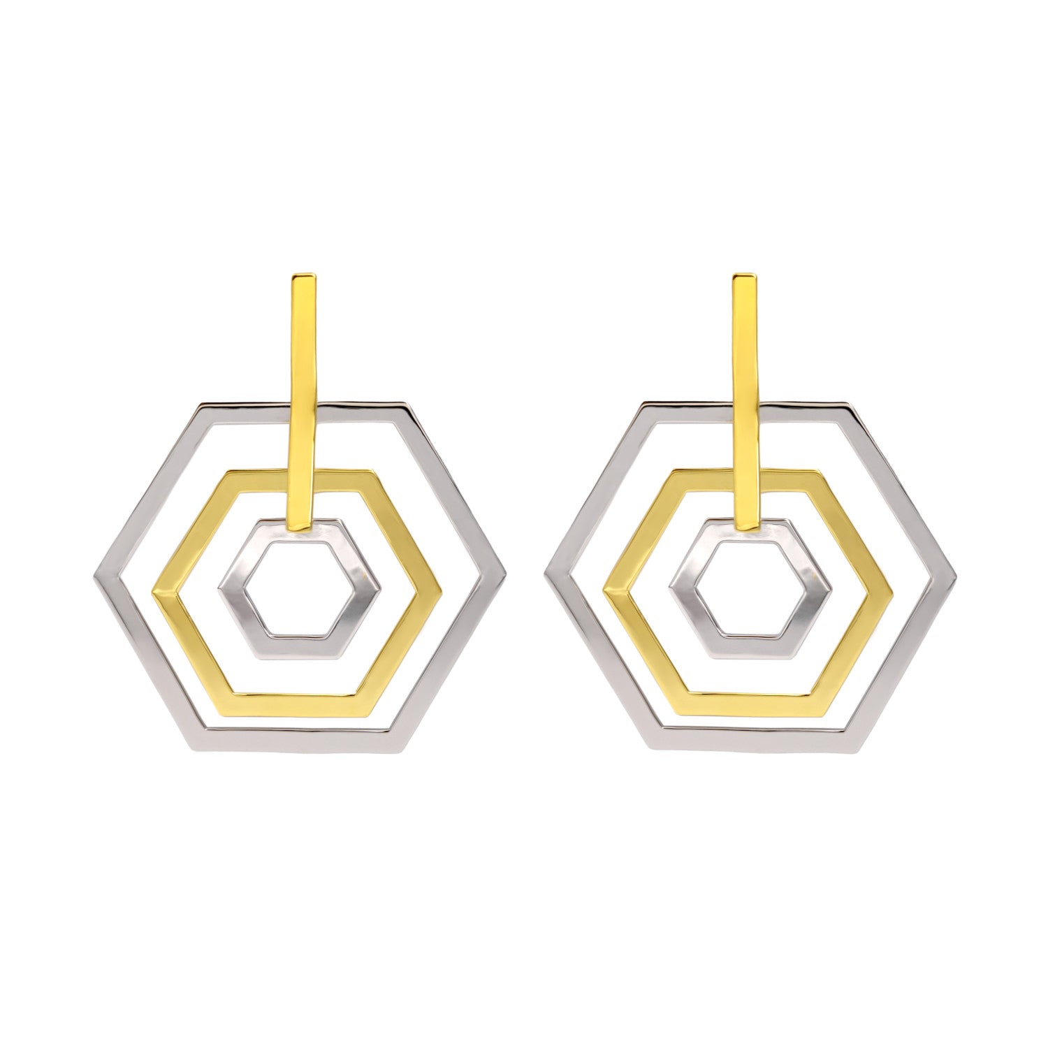 Pendientes de plata hexagonales bicolor en capas-LINEARGENT