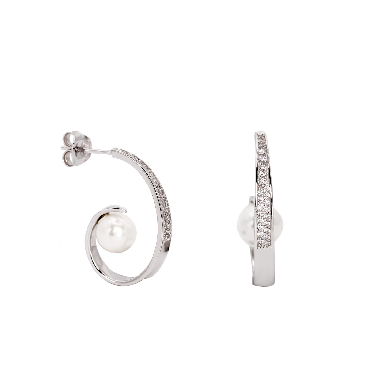Pendientes de plata originales con perla y circonitas-LINEARGENT