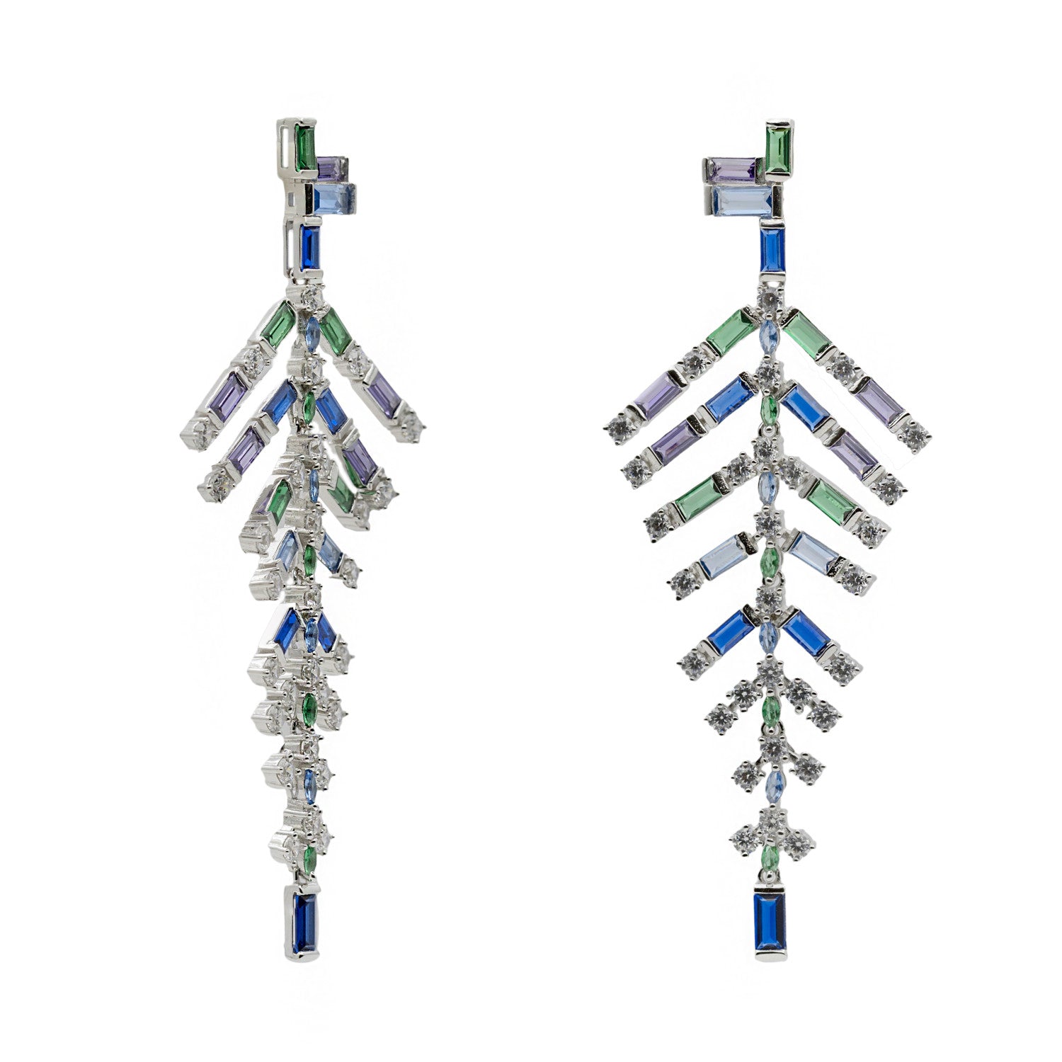 Pendientes largos con piedras de colores estilo hoja-LINEARGENT