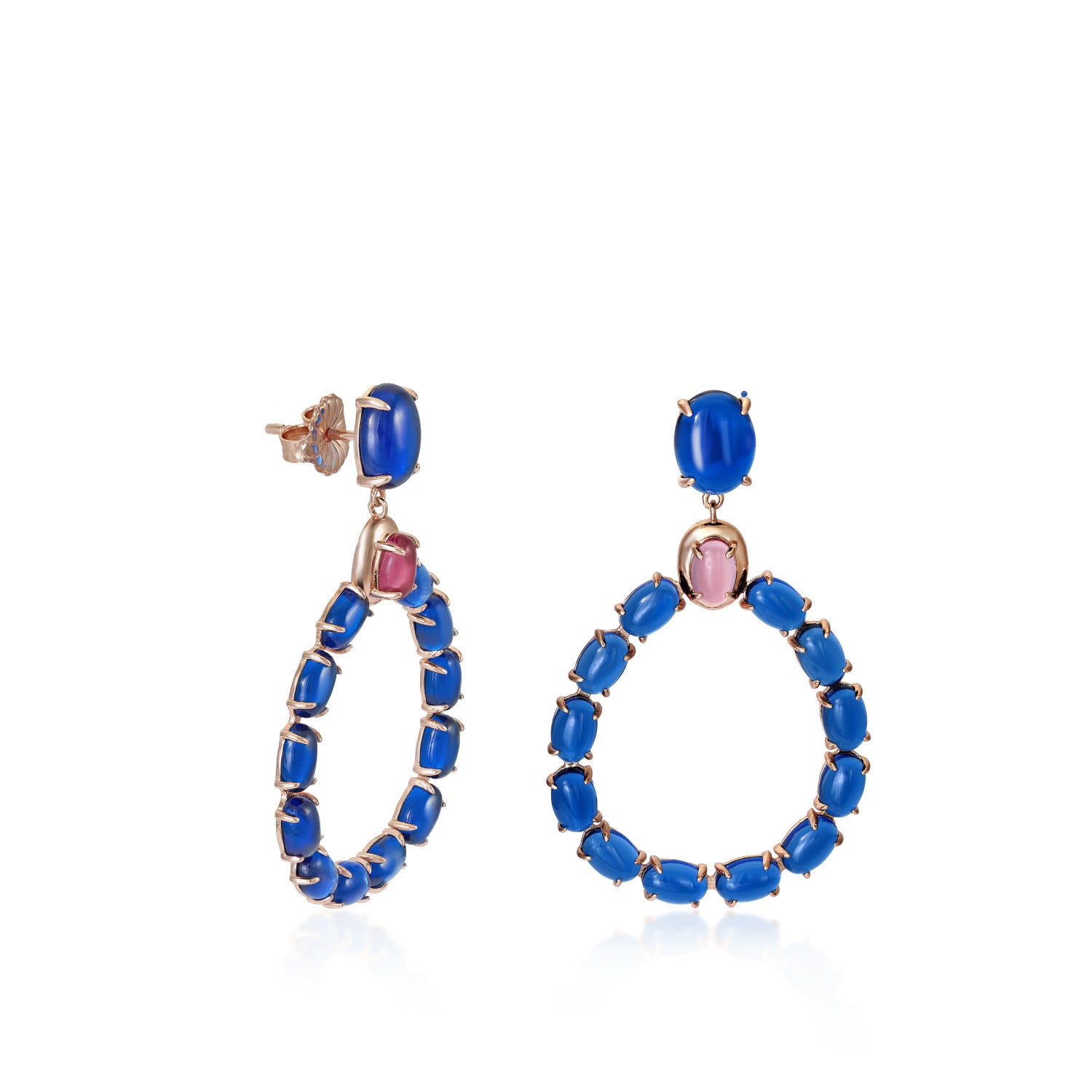 Pendientes largos de plata con cuerpo de circonitas azurita y fucsia-LINEARGENT