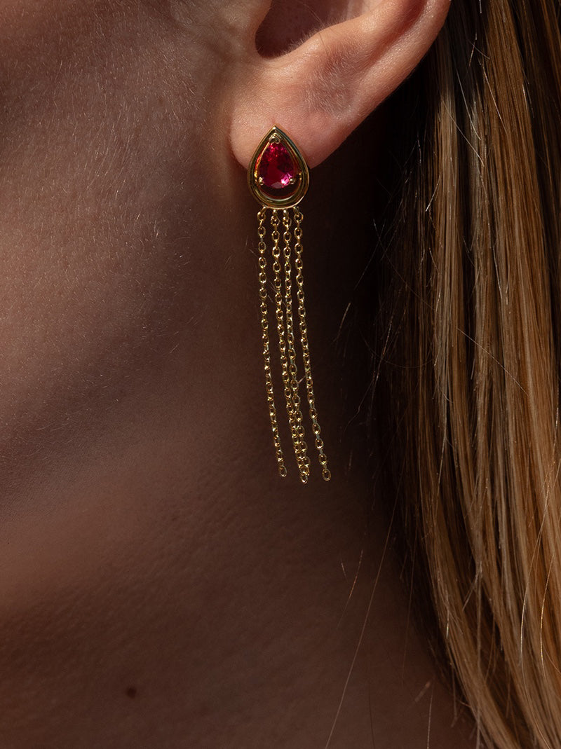 Pendientes largos de plata diseño cortina con gema rubí-LINEARGENT