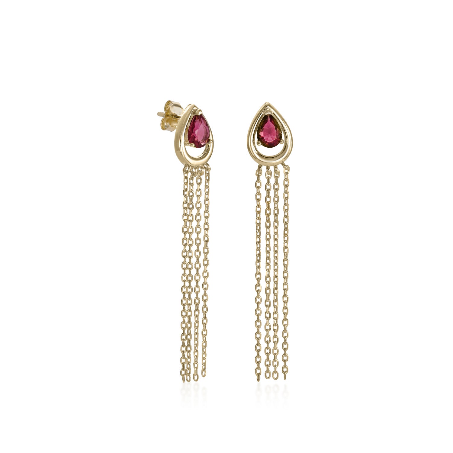 Pendientes largos de plata diseño cortina con gema rubí-LINEARGENT