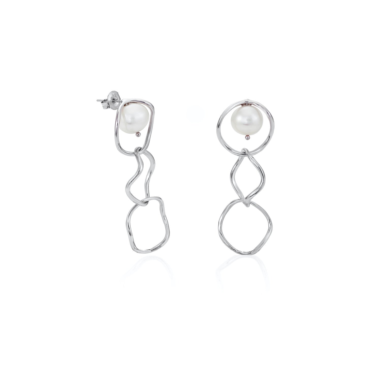 Pendientes largos detalle perla diseño de tres aros-LINEARGENT