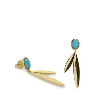 Pendientes largos diseño hojas con piedra tono turquesa