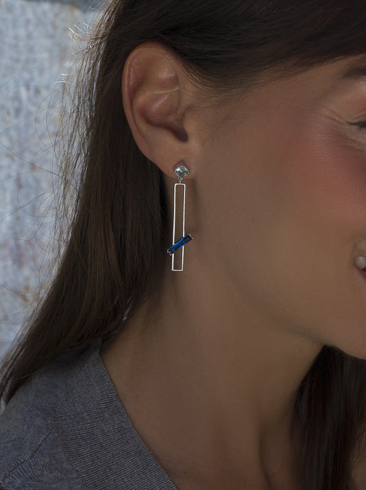 Pendientes largos diseño rectangular gemas tono zafiro-LINEARGENT
