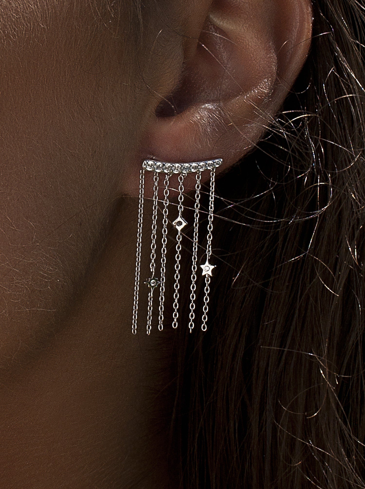 Pendientes largos efecto cascada con cadenas finas y circonitas-LINEARGENT