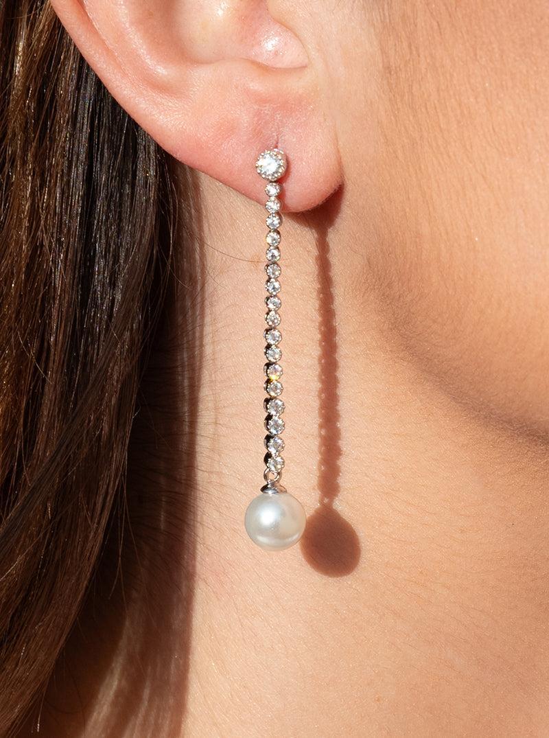 Pendientes largos perlas diseño elegante con circonitas-LINEARGENT