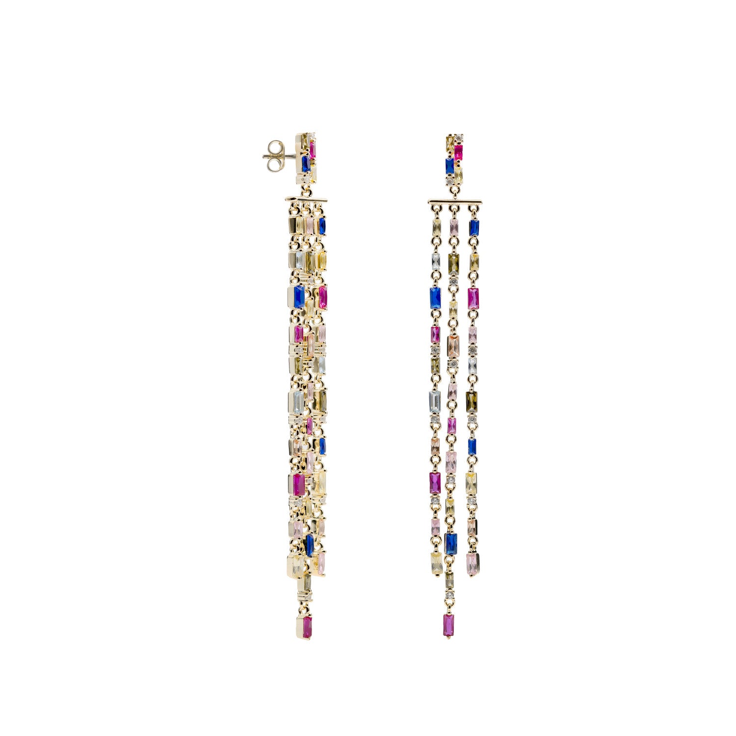 Pendientes largosde plata con gemas multicolor estilo cortina-LINEARGENT