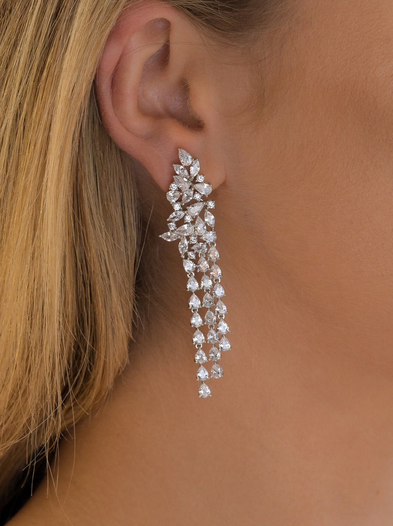 Pendientes novia estilo lámpara con tres tiras de circonitas-LINEARGENT