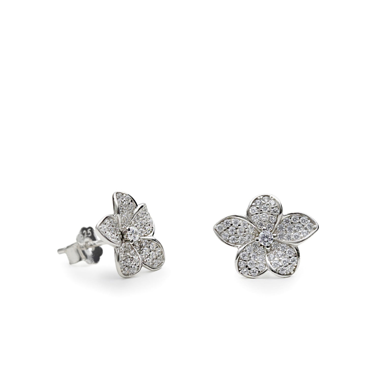 Pendientes pequeños de plata con circonitas en forma de pequeña flor-LINEARGENT
