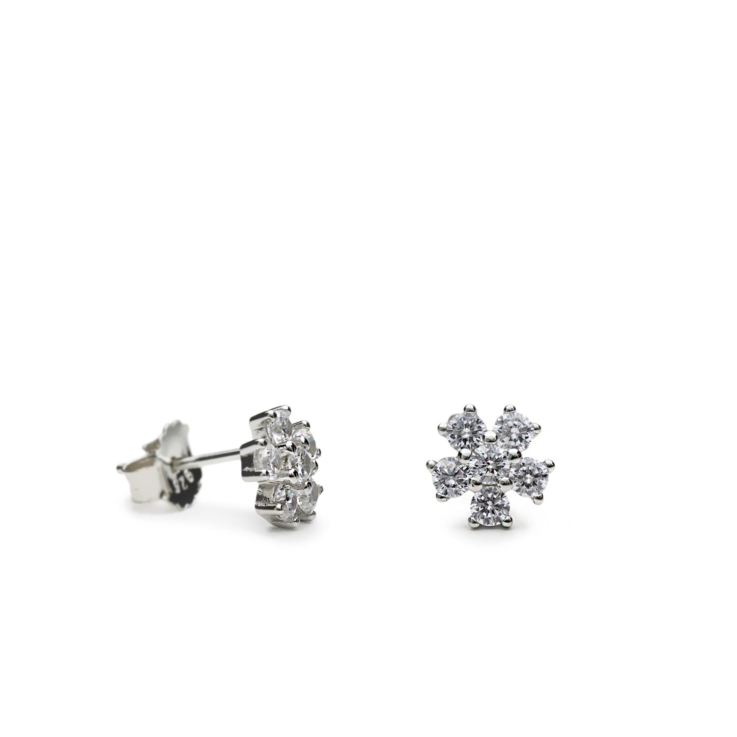 Pendientes pequeños de plata con circonitas silueta floral-LINEARGENT